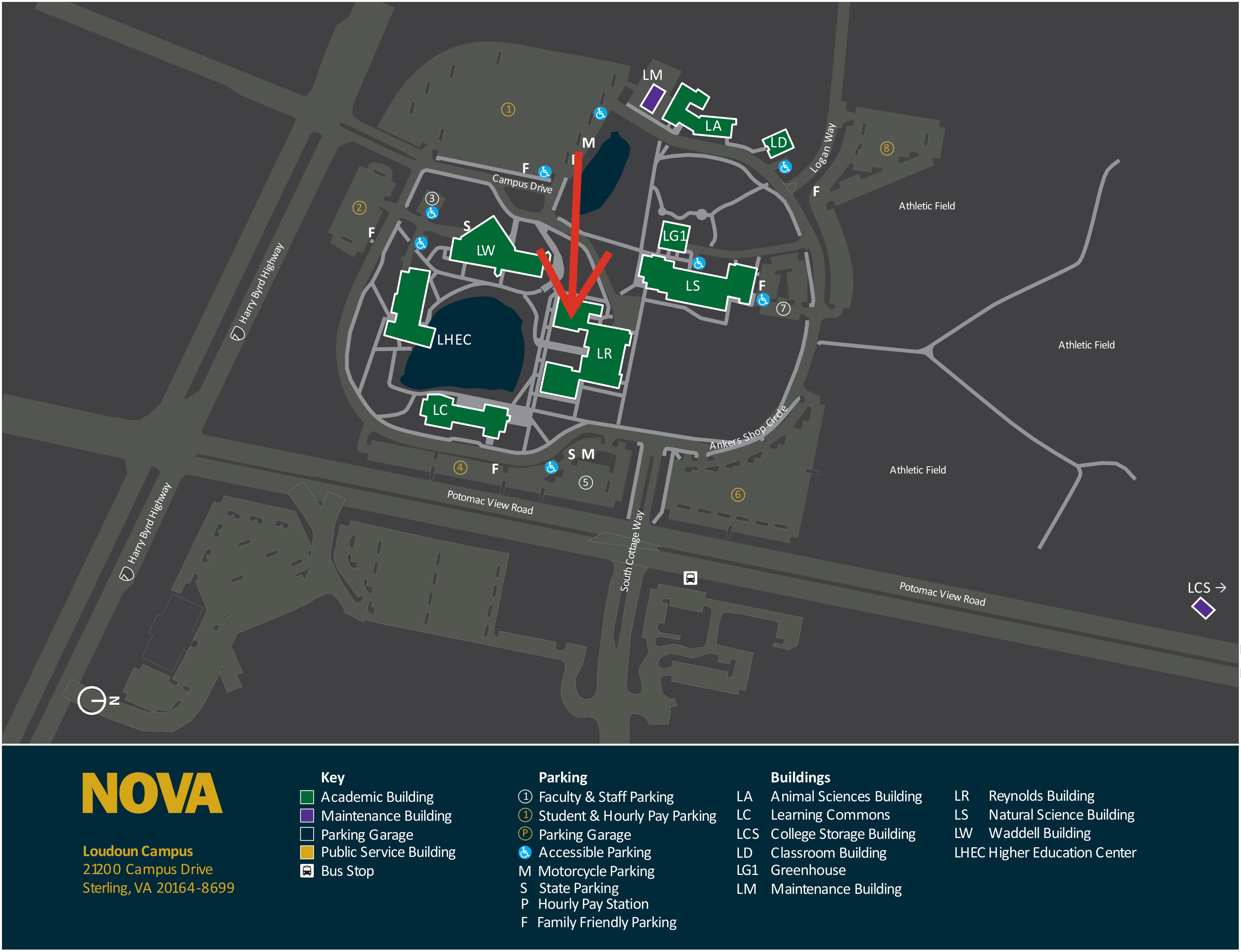 map of the loudoun NOVA campus with a red arrow pointing to our location in the west wing of the LR building